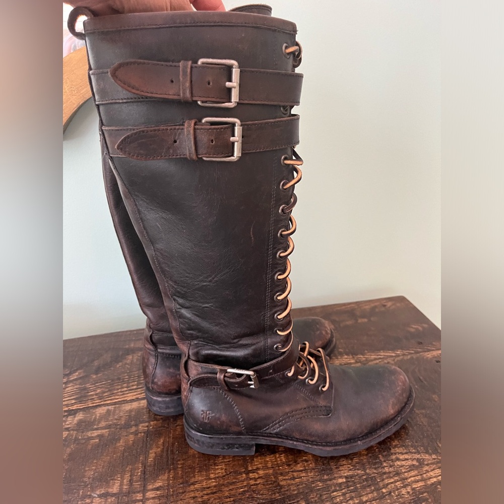 FRYE Veronica Buckle Combat Tall Boots in distressed black color, size 7